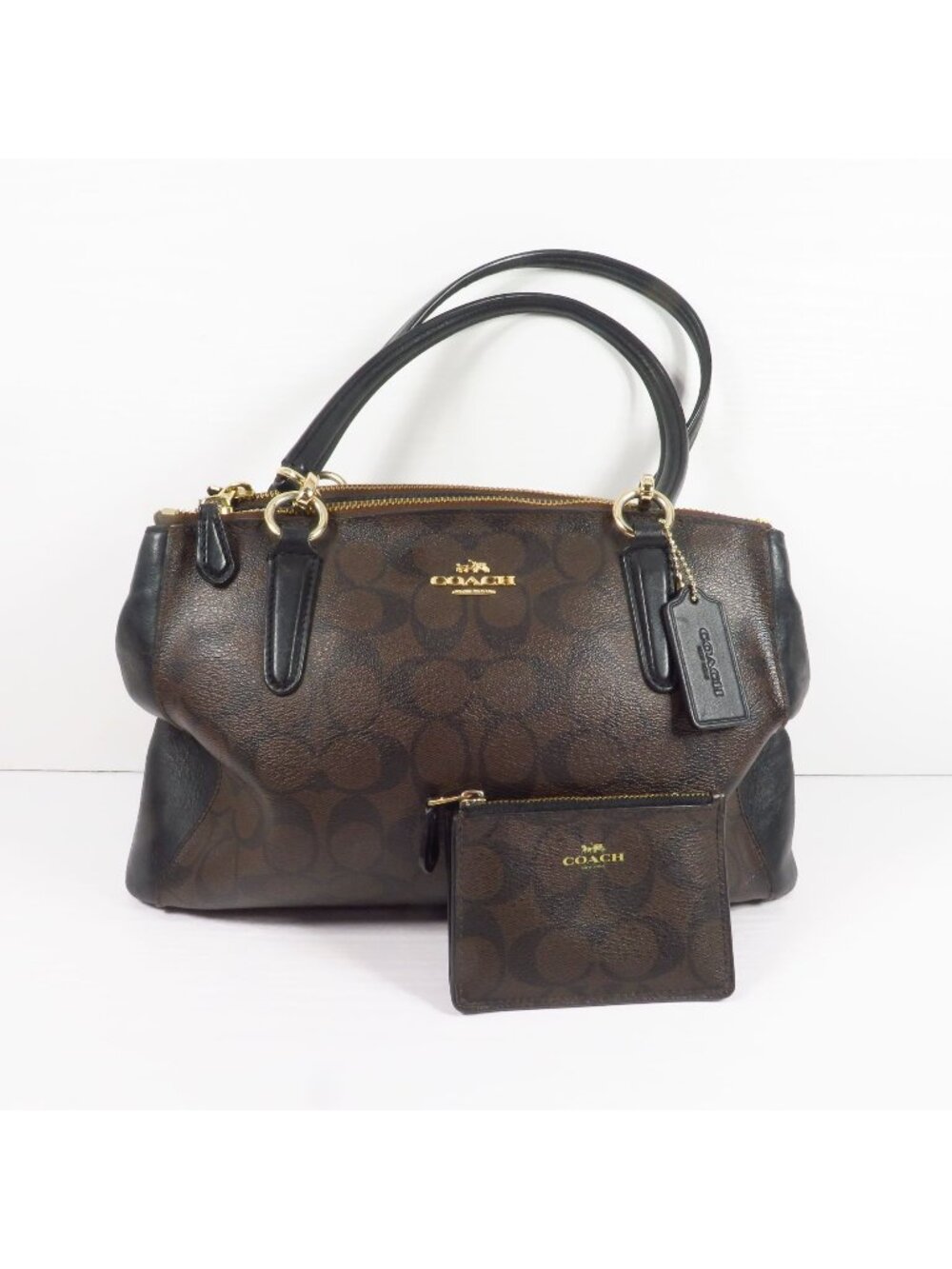 Coach Signature Christie Carryall Small w/ Wallet Black Brown PVC F58291 F16107